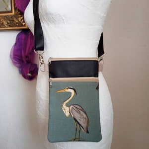 Crossbody Bag Heron Canvas Fabric Black Faux Leather with 2 Zippered Compartments Shoulder Bag, Cell Phone Pocket image 2