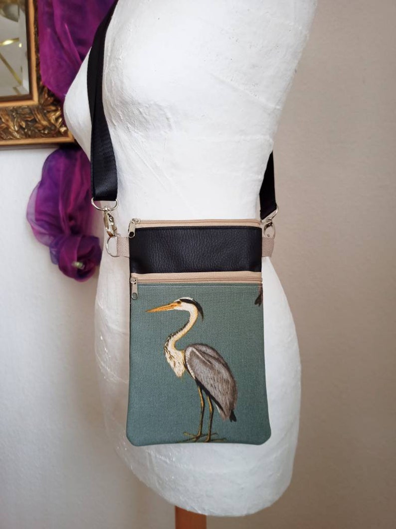 Crossbody Bag Heron Canvas Fabric Black Faux Leather with 2 Zippered Compartments Shoulder Bag, Cell Phone Pocket image 2