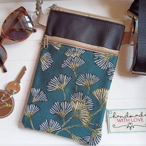 Kleine Crossbody Bag petrol Ginkgo Gobelin und Kunstleder mit 2 Reissverschluss Fächern, Festival Schultertasche, Handytasche zum Umhängen