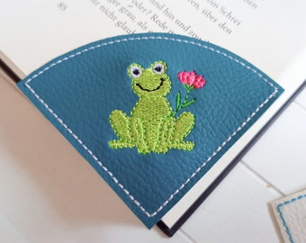 Corner bookmark frog embroidered vegan faux leather petrol reading corner gift Mother's Day bookworm bookworm