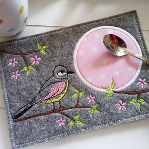 Felt coaster MugRug spring bird, gray pink embroidered cup rug, gift Easter relaxation table decoration