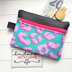 Kleine Geldbörse türkis pink, Animal Print, Kunstleder und Vinyl, Geldbeutel, Kartentasche, Kopfhörer, Reisegeldbeutel, Tampontasche