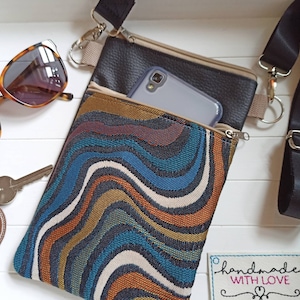Kleine Festival Tasche aus Kunstleder und buntem Gobelin Stoff mit 2 Fächern Umhängetasche, Schultertasche, Handytasche zum Umhängen