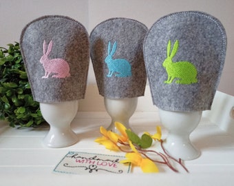 3er Set Filz Eierwärmer Hase Osterhase gestickt Landhaus Stil rosa blau grün