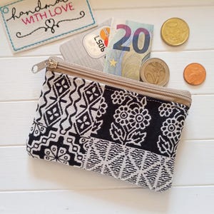 Mini Geldbeutel Gobelin Stoff und Kunstleder, schwarz weiß, Geldbörse Kartentasche, Kopfhörer, Reisegeldbeutel, Tampontasche