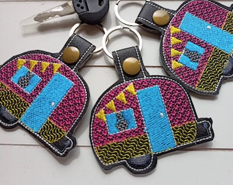 Keychain Caravan Camper embroidered on faux leather, pocket tree, pendant gift