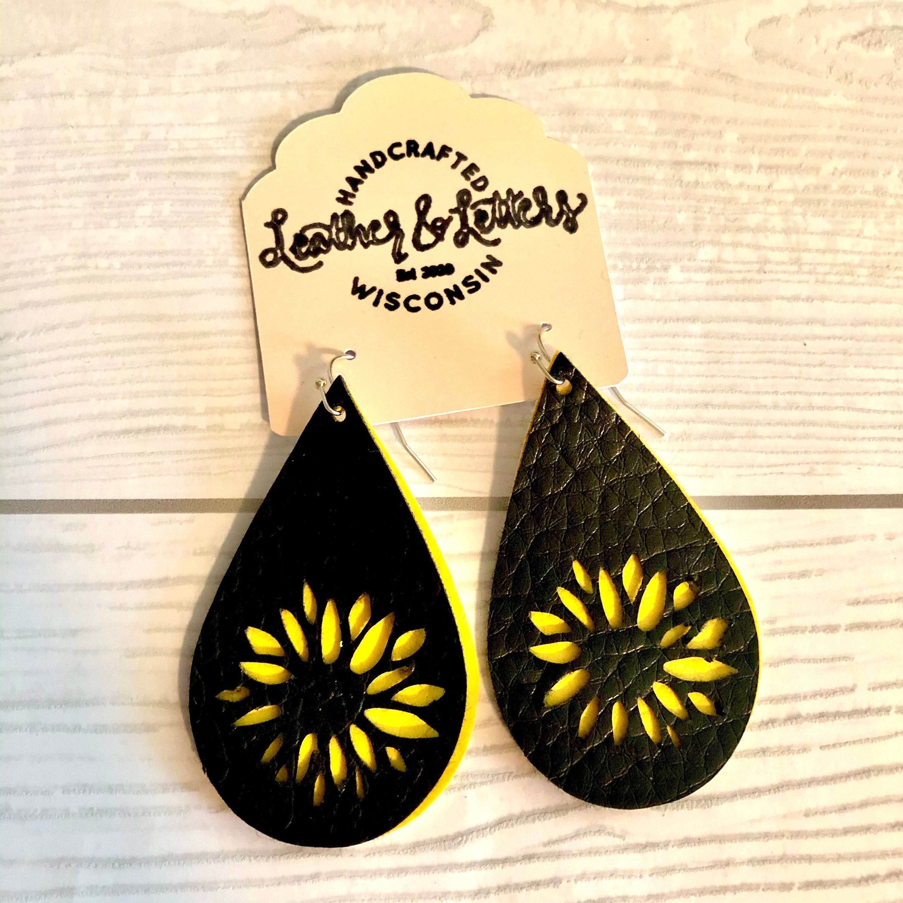 Sunflower Faux Leather Earrings Plant, Flower, Black, Yellow