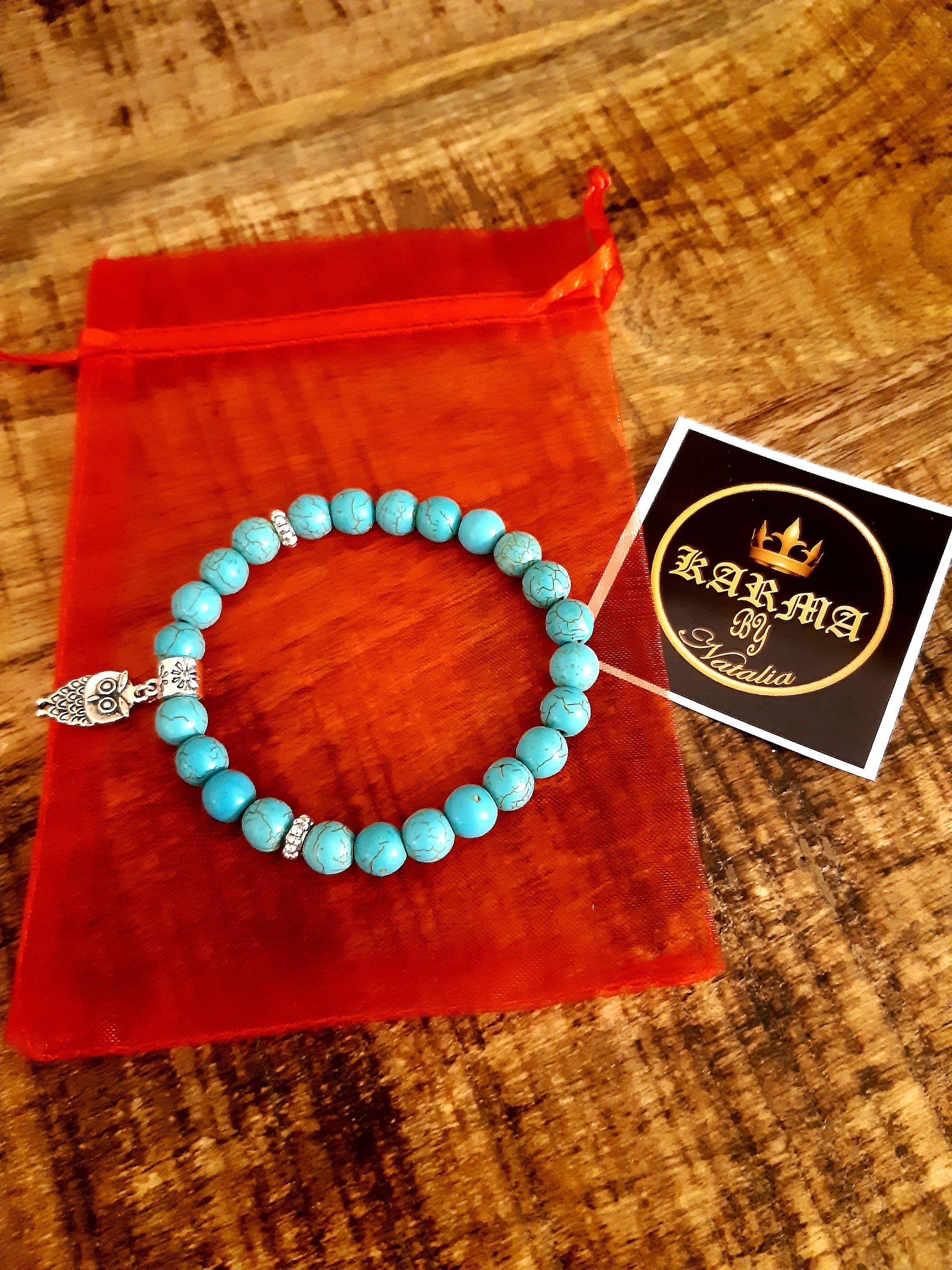 Turquoise Beaded Bracelet with Owl Charm: Handmade Stretch Jewelry