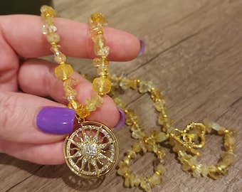 Citrine Chip Bead Necklace: Sun Pendant, November Birthstone