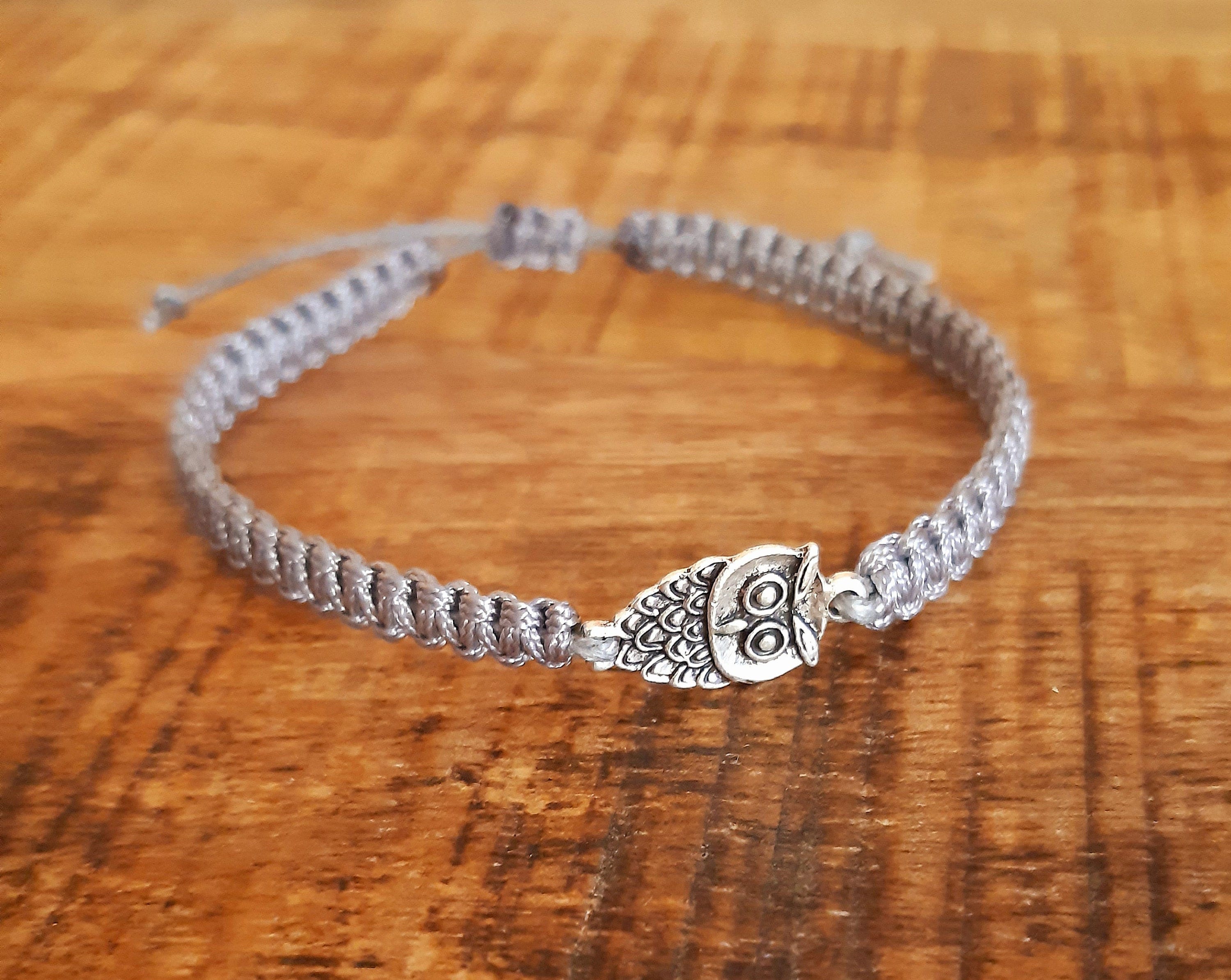 Macrame Owl Bracelet: Silver Cord, Antique Flower Charm, Adjustable