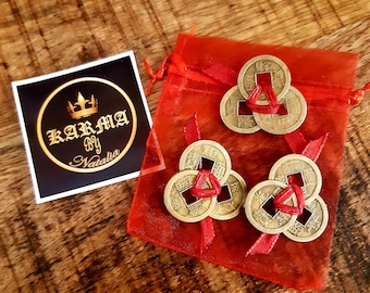 Feng Shui Money Luck Talisman 3-Coins Tied Attract Wealth Lucky Charm in Gift Box/Bag/Wallet, Chinese Lucky Coins, 3x3 coins