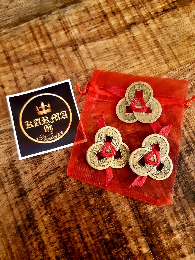 Talisman porte-bonheur Feng Shui 3 pièces attachées pour attirer la richesse dans une boîte cadeau/sac/portefeuille, pièces porte-bonheur chinoises, 3 x 3 pièces image 1