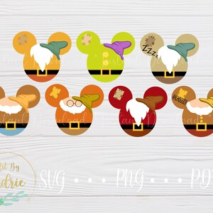 May include: Seven different colored Mickey Mouse head silhouettes with the faces of the seven dwarfs from Snow White. Each dwarf has a different expression and a different colored hat. The dwarfs are Doc, Grumpy, Happy, Sleepy, Bashful, Sneezy, and Dopey.