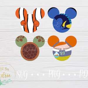 May include: Four Disney-themed Mickey Mouse head designs. One features an orange and white clownfish, another a blue fish, a third a green turtle, and the last an orange-haired character with a fishbowl. The image includes the text "SVG, PNG, PDF".