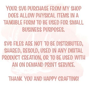 Puede incluir: Texto sobre un fondo rosa con efecto acuarela. El texto dice: "YOUR SVG PURCHASE FROM MY SHOP DOES ALLOW PHYSICAL ITEMS IN A TANGIBLE FORM TO BE USED FOR SMALL BUSINESS PURPOSES. SVG FILES ARE NOT TO BE DISTRIBUTED, SHARED, RESOLD, USED IN ANY DIGITAL PRODUCT CREATION, OR TO BE USED WITH AN ON DEMAND PRINT SERVICE. THANK YOU AND HAPPY CRAFTING!"