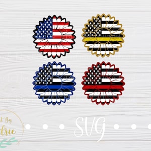 May include: Four SVG cut files of sunflowers with different American flag variations. The first sunflower has the traditional American flag, the second has a thin yellow line, the third has a thin blue line, and the fourth has a thin red line.