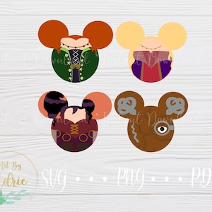 May include: Four different Disney character Mickey Mouse ears with a Halloween theme. The characters are Winifred Sanderson, Mary Sanderson, Sarah Sanderson, and Billy Butcherson from the movie Hocus Pocus.