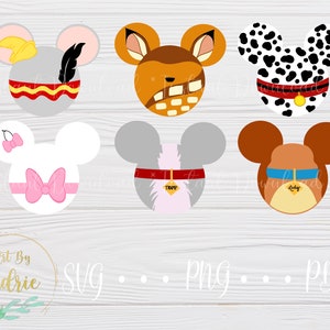 May include: Six different Disney character mouse ears with a white background. The ears are in the shape of Mickey Mouse ears and feature different characters, including a Dalmatian, a fox, a dog, and a mouse. The ears are all in different colors and have different details, such as spots, stripes, and bows.