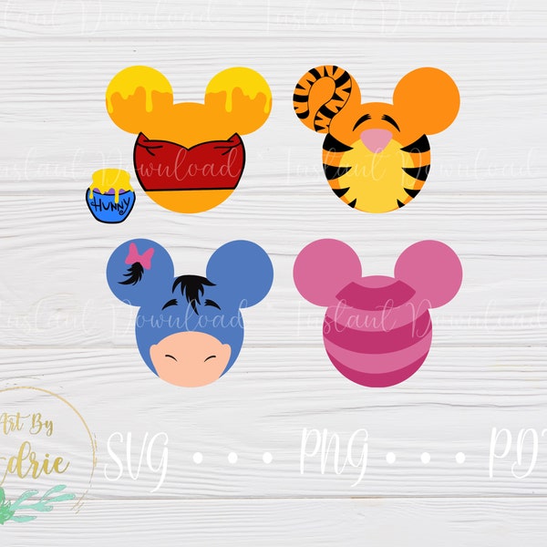 Ensemble SVG en forme de souris | Bois de cent acres | Fichiers de téléchargement numérique | Personnalisé | Pour Cricut, Silhouette | Art d'oreille de personnage