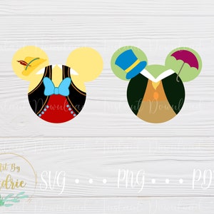 May include: Two Mickey Mouse ears with different designs. The left ear is yellow with a brown hat and a red, black, and blue vest. The right ear is green with a blue hat and a purple umbrella.