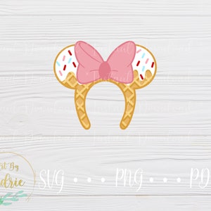 May include: A pair of waffle cone-shaped Minnie Mouse ears with pink bow and white frosting with sprinkles.