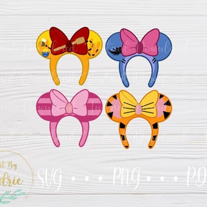 May include: Four sets of colorful Disney character inspired mouse ears. The ears are yellow with a red bow and bee details, blue with a pink bow, pink with a pink bow and white stripes, and orange with a yellow bow and black stripes.