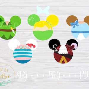 May include: Set of six Disney character Mickey Mouse ears featuring Peter Pan, Tinkerbell, Captain Hook, Wendy Darling, and John Darling. The ears are in various colors, including green, blue, red, and yellow.