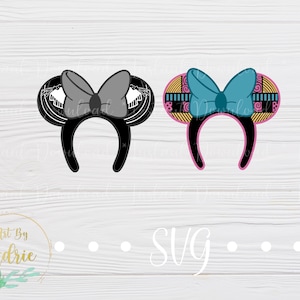 May include: Two pairs of black mouse ears with different patterned bows. The first pair has a gray bow with a black and white pattern. The second pair has a blue bow with a pink, black, and white pattern.
