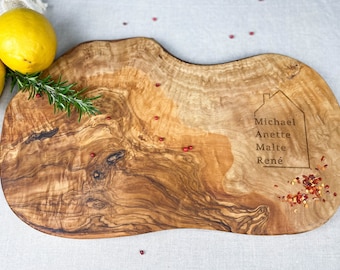Mother's Day Gift - Personalized Engraved Olive Wood Cutting Board with Bark as a Lunch Board, Wooden Board or Cheese Board