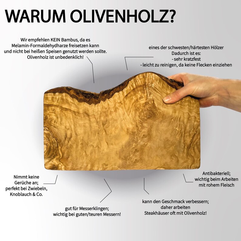 Puede incluir: Un primer plano de una tabla de cortar de madera de olivo. La tabla est&aacute; siendo sostenida por una mano. El texto en la imagen dice "WARUM OLIVENHOLZ?" y explica los beneficios de usar tablas de cortar de madera de olivo.