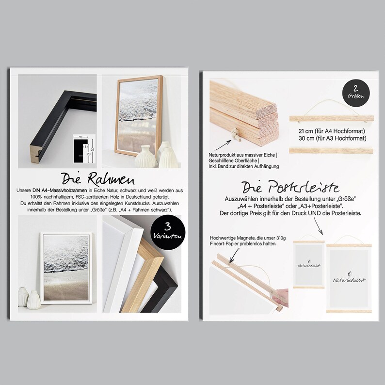 May include: Image displaying wooden frames in black, natural oak, and white, alongside a framed print. Also shows wooden poster hangers in 21 cm and 30 cm sizes. Text provides details about the frames and poster hangers.