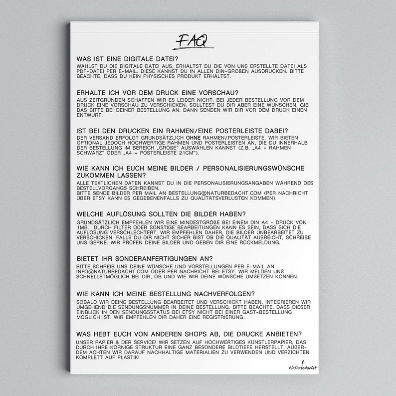 May include: A white sheet of paper with the word "FAQ" at the top. The text is in German and provides information about digital files, previews, frames, personalization, image resolution, custom orders, order tracking, and printing services.