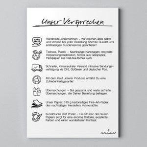 May include: A white poster with black German text and icons. The poster details the company's promises, including handmade quality, sustainable packaging, and climate-neutral shipping. The company logo is in the bottom right corner.