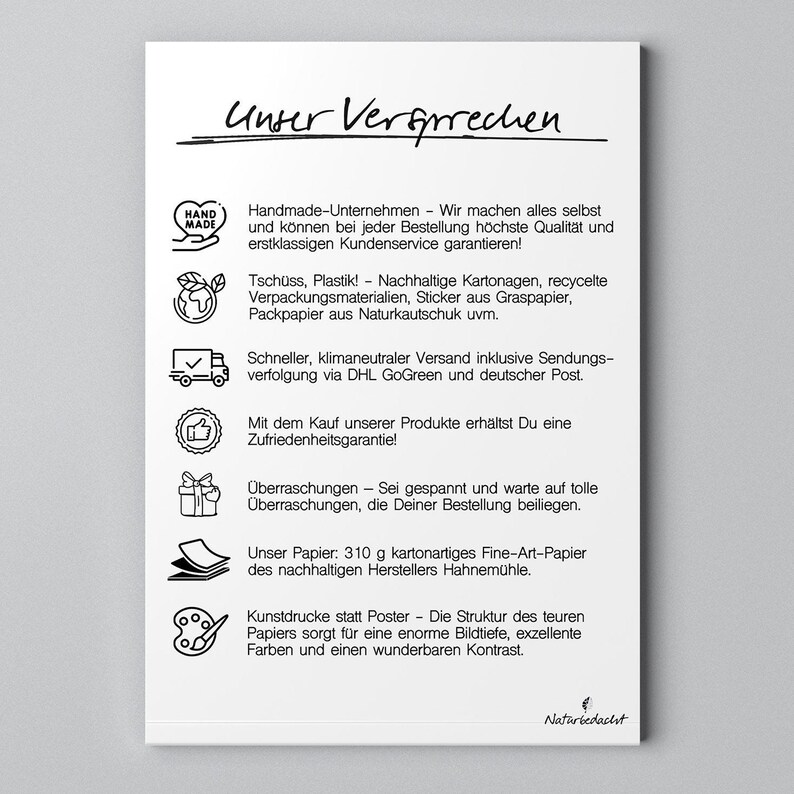 May include: A white poster with black German text and icons. The poster details the company's promises, including handmade quality, sustainable packaging, and climate-neutral shipping. The company logo is in the bottom right corner.