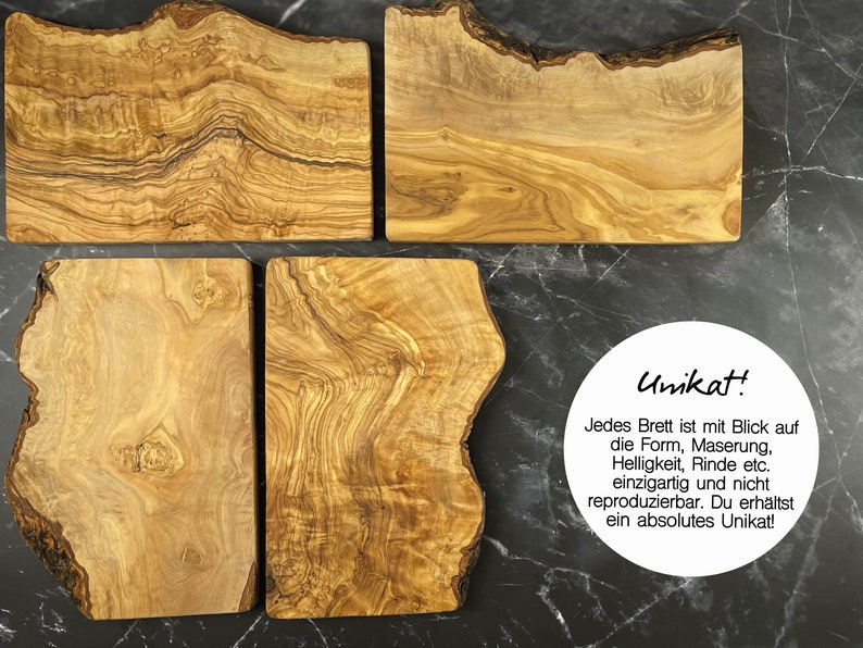 Puede incluir: Cuatro tablas de cortar de madera natural con bordes irregulares y patrones de veta &uacute;nicos. Las tablas est&aacute;n hechas de madera de olivo y son perfectas para servir queso, embutidos u otros aperitivos. Cada tabla es una pieza de arte &uacute;nica y seguro que ser&aacute; un tema de conversaci&oacute;n.