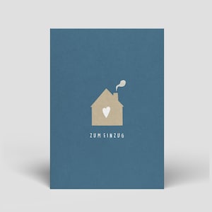 Peut inclure: Carte de vœux bleue avec une illustration d'une maison beige, un cœur blanc et de la fumée. Le texte "ZUM EINZUG" est imprimé en blanc en dessous. Design minimaliste, idéale pour une pendaison de crémaillère.