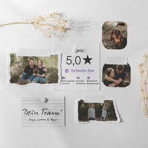 May include: A white surface with pinned photographs and notes. The photos depict couples and a dog. One note says "Dein Team!" with names underneath. Another note displays "5,0" and "Verk&auml;ufer-Star".