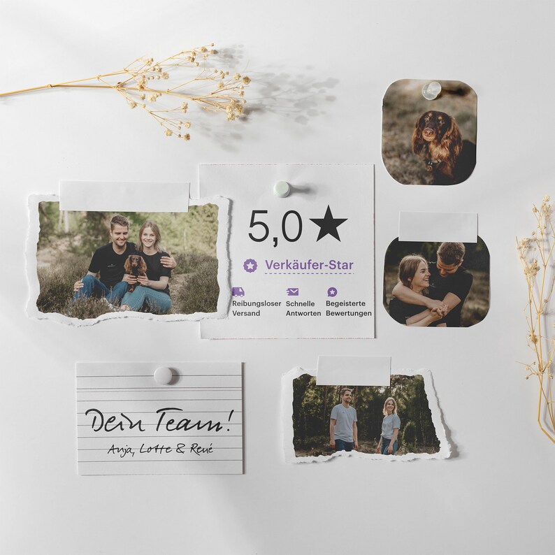 May include: A white surface with pinned photographs and notes. The photos depict couples and a dog. One note says "Dein Team!" with names underneath. Another note displays "5,0" and "Verk&auml;ufer-Star".