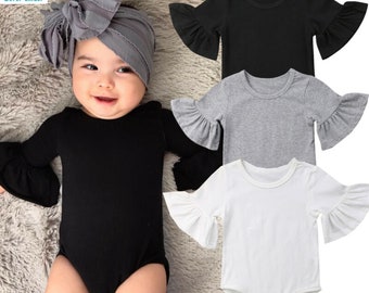 Baby Girl Flare Sleeve Rompers, Newborn to 2 Years Basic Bodysuit,Trendy Stylish Baby Tops, Solid Color Rompers, Princess Romper Outfits