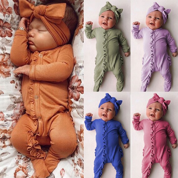 Newborn Baby Girls Ruffle Sleeve Romper Solid Color Onesie Jumpsuit with Headband Cotton Clothes Set