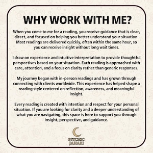 May include: A square informational graphic with a cream background and dark brown border. The text reads: WHY WORK WITH ME? followed by four paragraphs detailing reading services, experience, and approach. A gold crescent moon logo sits above PSYCHIC JAHARI.