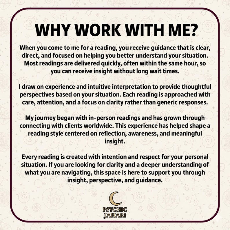 May include: A square informational graphic with a cream background and dark brown border. The text reads: WHY WORK WITH ME? followed by four paragraphs detailing reading services, experience, and approach. A gold crescent moon logo sits above PSYCHIC JAHARI.