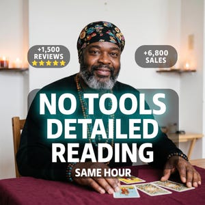 May include: A person with a beard wearing a patterned headwrap and a black long-sleeve shirt, with hands resting on a table featuring tarot cards. Text overlays include +1,500 REVIEWS, +6,800 SALES, NO TOOLS DETAILED READING, and SAME HOUR.