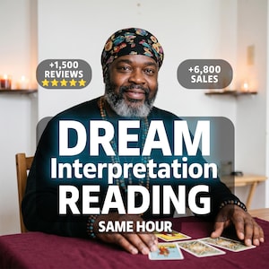 May include: A person wearing a patterned headwrap and beaded necklaces sits at a table with tarot cards. Text overlays read: +1,500 REVIEWS, +6,800 SALES, DREAM INTERPRETATION READING, and SAME HOUR. The person has a beard and wears a black long-sleeved shirt.