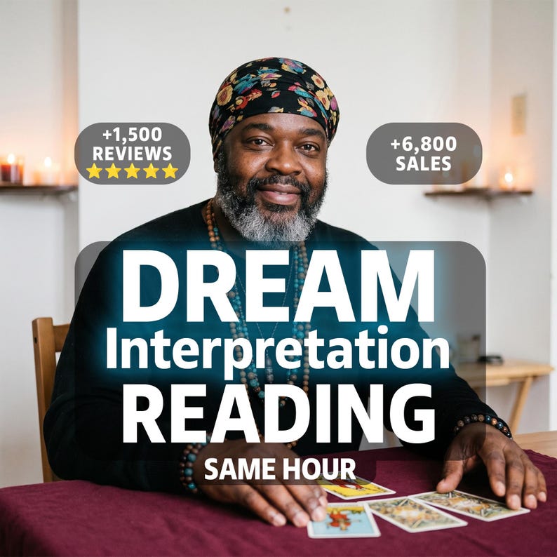 May include: A person wearing a patterned headwrap and beaded necklaces sits at a table with tarot cards. Text overlays read: +1,500 REVIEWS, +6,800 SALES, DREAM INTERPRETATION READING, and SAME HOUR. The person has a beard and wears a black long-sleeved shirt.