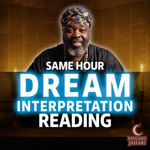 Puede incluir: Imagen de un hombre sonriente con un pañuelo en la cabeza estampado y un collar de cuentas. El texto "SAME HOUR DREAM INTERPRETATION READING" se muestra en letras azules brillantes grandes. El logotipo de Psychic Jahari está en la esquina inferior derecha.