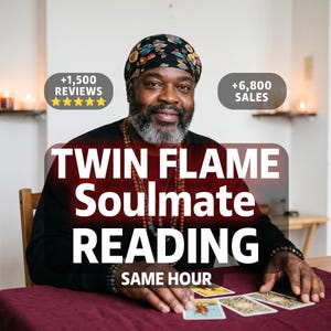 May include: A person wearing a patterned headwrap and beaded necklaces sits at a table with tarot cards. The text reads TWIN FLAME Soulmate READING SAME HOUR, +1,500 REVIEWS, and +6,800 SALES. The person has a beard and wears a black long-sleeved shirt.