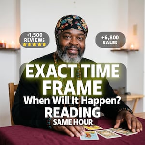 May include: A person wearing a black long-sleeved shirt and a colorful patterned headwrap, with beaded necklaces and bracelets, performing a tarot card reading on a maroon cloth. Text reads: EXACT TIME FRAME When Will It Happen? READING SAME HOUR.