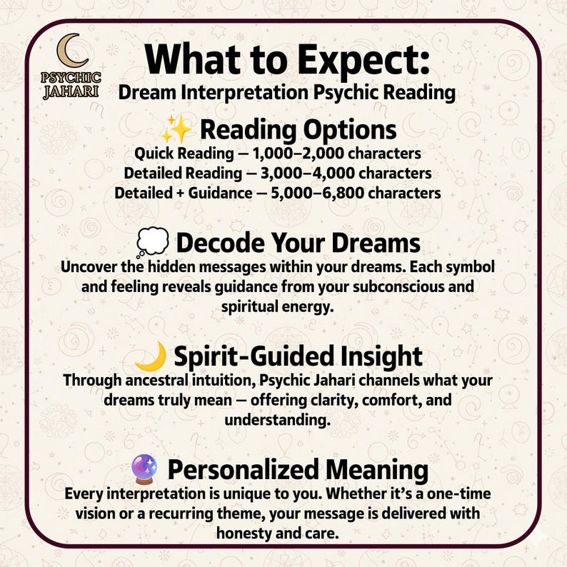 May include: A beige informational graphic titled What to Expect: Dream Interpretation Psychic Reading by Psychic Jahari. It lists reading options by character count, explains the dream decoding process, spirit-guided insight, and personalized meaning.