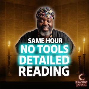 May include: A smiling man in a patterned head wrap and black shirt, with the text "SAME HOUR NO TOOLS DETAILED READING" in a glowing blue font. Lit candles are on either side of the man. The Psychic Jahari logo is in the bottom right corner.